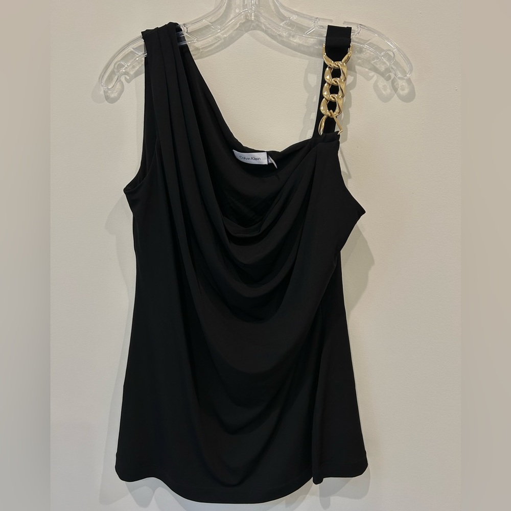 Calvin Klein - Black Sleeveless Draped Top with Gold Chain Strap (Large)